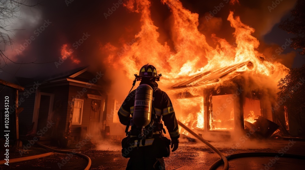 Firefighter works in burning building fireman on flame back view background Firefighter works in burning building fireman on flame back view background