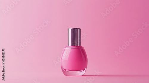 Pink nail polish bottle on a pink background.