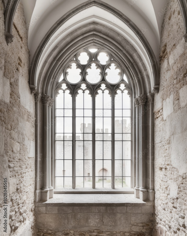 Medieval Gothic arched window on a stone wall at a historical castle. Medieval Gothic arched window on a stone wall at a historical castle.