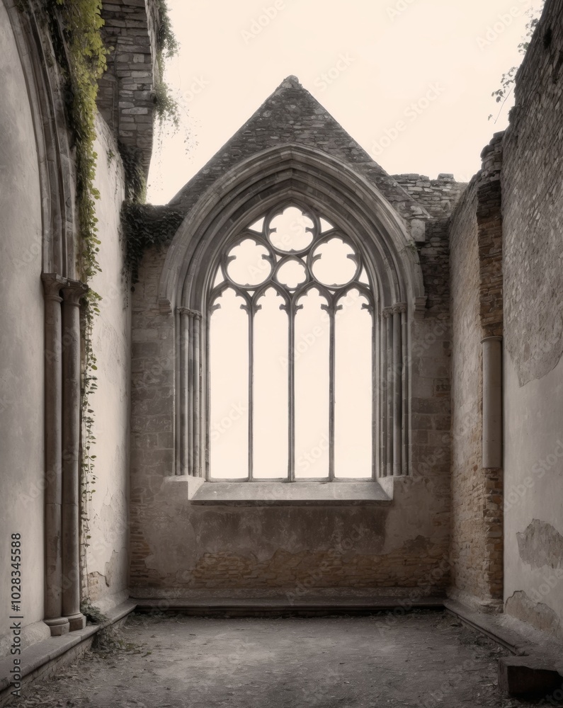 Gothic arched window with stone frame at historical church ruins. Gothic arched window with stone frame at historical church ruins.