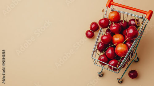 Create an illustration featuring fresh cherries and apricots in a shopping cart, set against a beige background. This design should emphasize a minimalistic approach, highlighting the concept of onlin photo