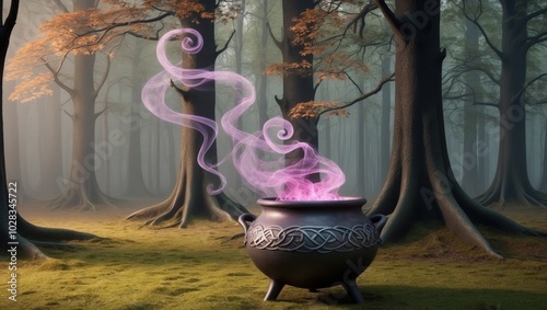 Mysterious forest with a magical cauldron filled with purple smoke. photo