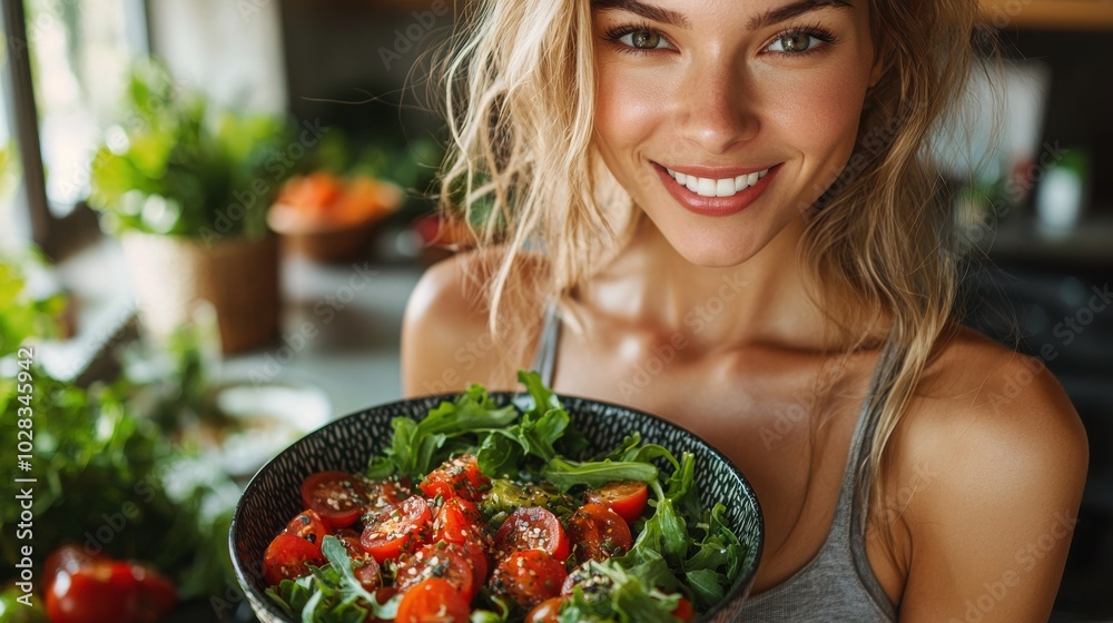 Freshly prepared salad with cherry tomatoes and greens served by a smiling young woman in a bright kitchen during the day Freshly prepared salad with cherry tomatoes and greens served by a smiling young woman in a bright kitchen during the day