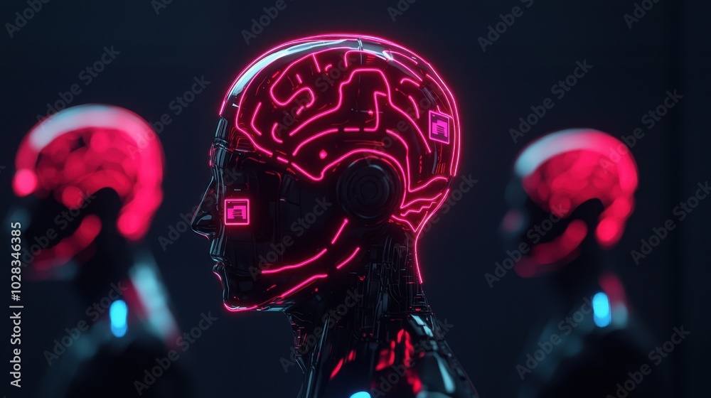 Futuristic robot head with neon circuit patterns, dark background