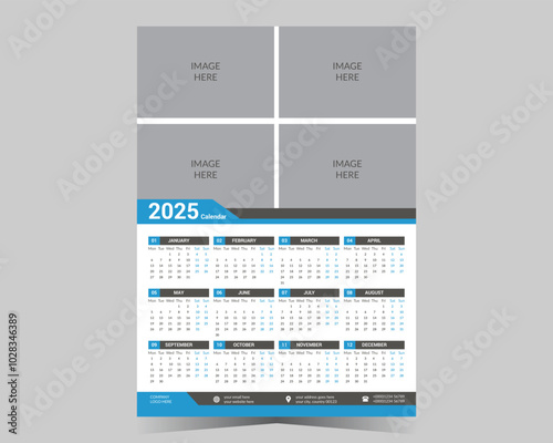 Wall calendar 2025 template, modern 12 month one page calendar design, corporate business calendar.