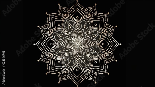 Exquisite dark mandala design with floral inspired elements and symmetrical patterns, outlined in black. The work is meticulous and captures the essence of harmony and balance photo