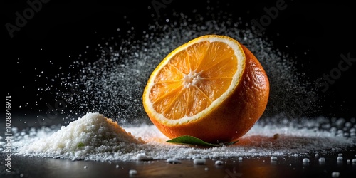 A Halved Orange Nestled in a Mound of White Powder, Bathed in a Shower of Tiny Particles Against a Dark Background