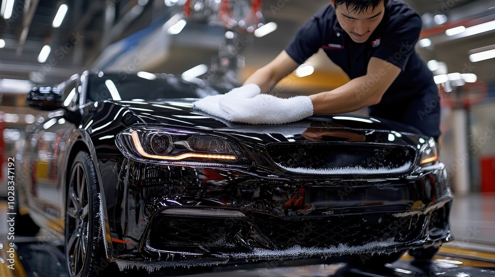 custom made wallpaper toronto digitalA man is detailing a black car. The photo is perfect for marketing car detailing services or showcasing the benefits of professional car care.