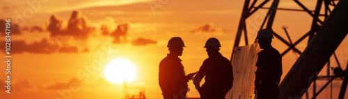 Silhouetted workers discussing at sunset, showcasing teamwork and dedication in industrial setting. warm colors of sky create dramatic backdrop for their collaboration