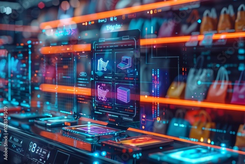 Futuristic shopping interface allowing selection from both real and digital stores