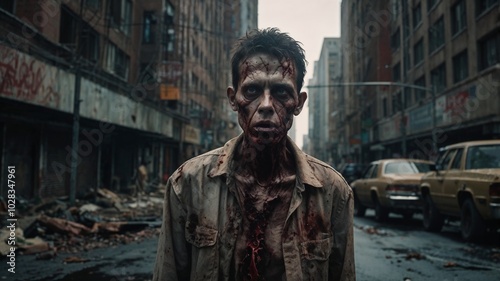 a dangerous zombie man with full of blood walking in the city 