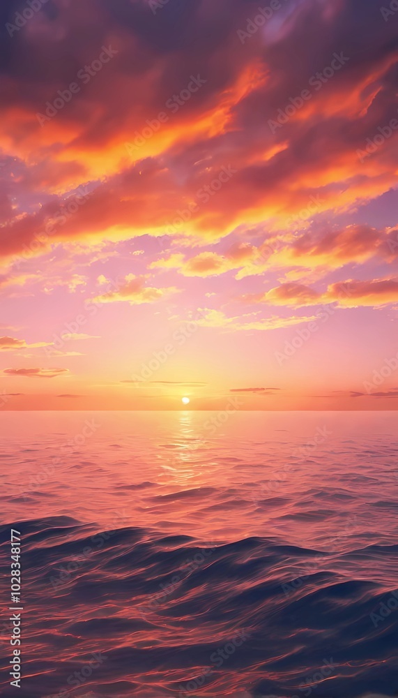 A fiery sunset casts a warm glow over the calm ocean waves. A fiery sunset casts a warm glow over the calm ocean waves.