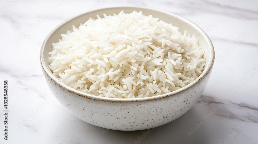 Freshly made white rice, soft and fluffy, served in a Freshly made white rice, soft and fluffy, served in a