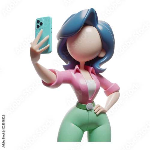 3D stylized plastic figure faceless woman in  bright clothes  with mobile phone who takes selfie isolated on PNG background.