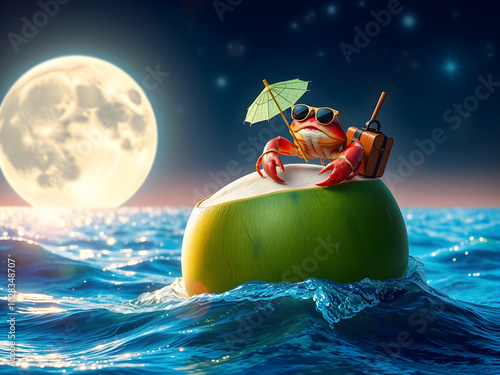 A crab is sitting on a green fruit in the ocean