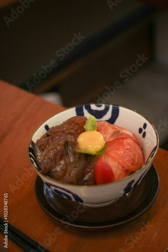 Japanese Kaisendon seafood with shrimp and salmon