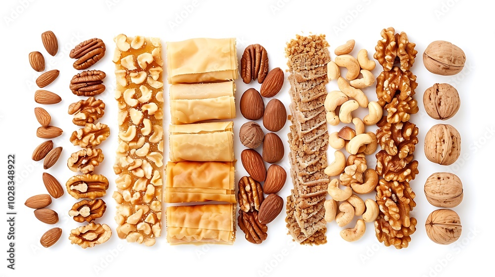 Assortment of Nuts and Sweets on White Background. Assortment of Nuts and Sweets on White Background.