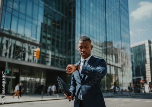 Business professional checking time in urban cityscape photo