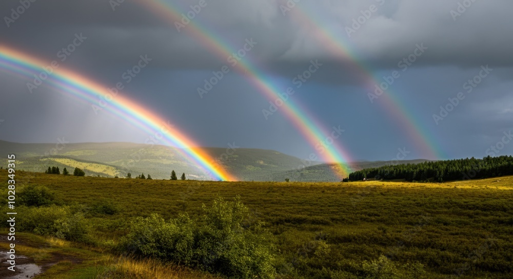 Captivating double rainbow over lush green landscape under stormy skies Captivating double rainbow over lush green landscape under stormy skies