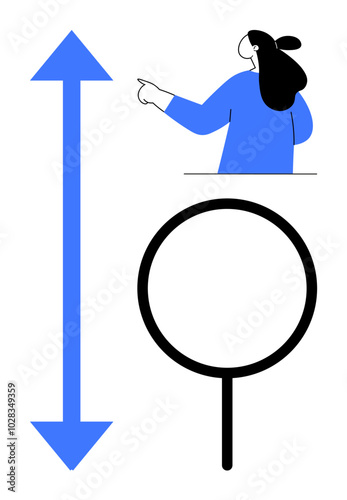 Character points upward with blue arrow and magnifying glass symbol represents search exploration. Ideal for educational graphics design concepts attention focus direction icons business