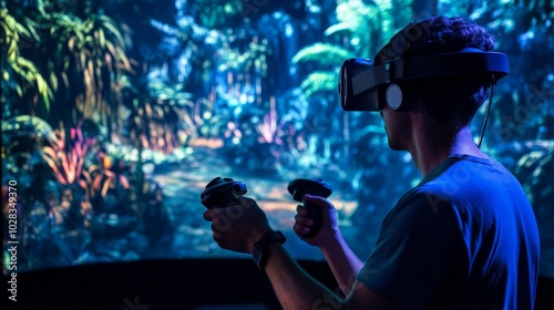 A sleek virtual reality setup with a user wearing a headset and motion controllers. The digital environment features vivid, immersive landscapes, offering a fully interactive experience. photo