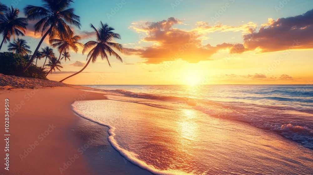 A serene beach at sunset with golden hues reflecting on the calm ocean waves. Palm trees sway gently in the warm breeze, and the sky transitions from orange to pink to deep blue A serene beach at sunset with golden hues reflecting on the calm ocean waves. Palm trees sway gently in the warm breeze, and the sky transitions from orange to pink to deep blue
