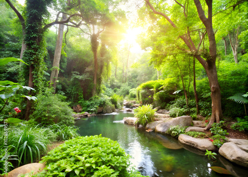 A lush green forest with a stream running through it
