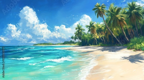 A serene tropical island with white sandy beaches, turquoise waters, and tall palm trees swaying in the breeze. Crystal-clear waves gently lap the shore under a warm sun