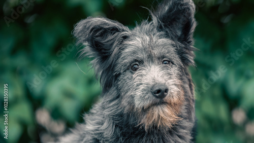 mongrel shaggy dog looking sadly at the camera against a background of green bushes photo