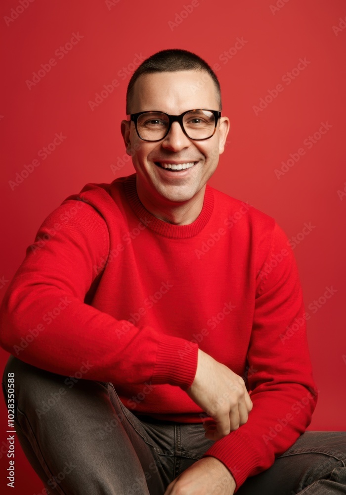 Obraz premium Cheerful man in glasses wearing red sweater against red background