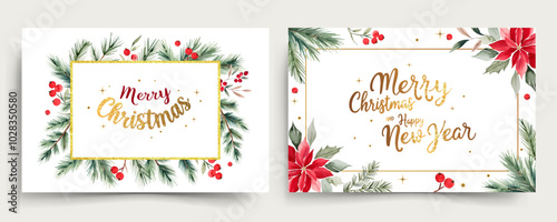 Horizontal watercolor frames with branches of christmas tree and golden lettering. Merry Christmas cards