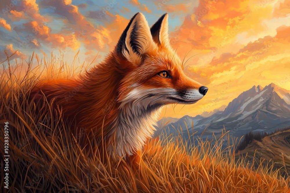 Fototapeta premium Majestic Fox Stalking Through Tall Grass at Sunset