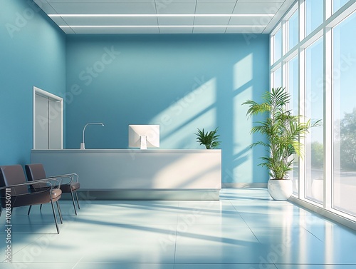 2408 58.A 3D-rendered hospital reception area with a modern design, featuring a sleek desk with a computer against a vibrant blue wall. The space is open and airy, with comfortable seating and large