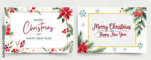 Horizontal watercolor cards with branches of christmas tree and lettering. Merry Christmas and New year frames