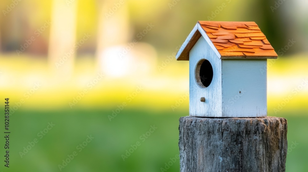 Birdhouse On Tree Stump With Shingled Roof And Open Windows Birdhouse On Tree Stump With Shingled Roof And Open Windows