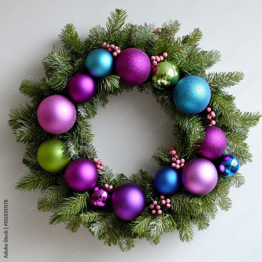 A vibrant Christmas wreath is decorated with glossy pink, purple, blue, and green ornaments, representing a modern twist on holiday decor.
