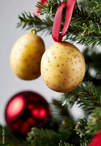 Unique Christmas tree ornaments resembling potatoes hang alongside traditional red baubles, adding a humorous touch to holiday decor.