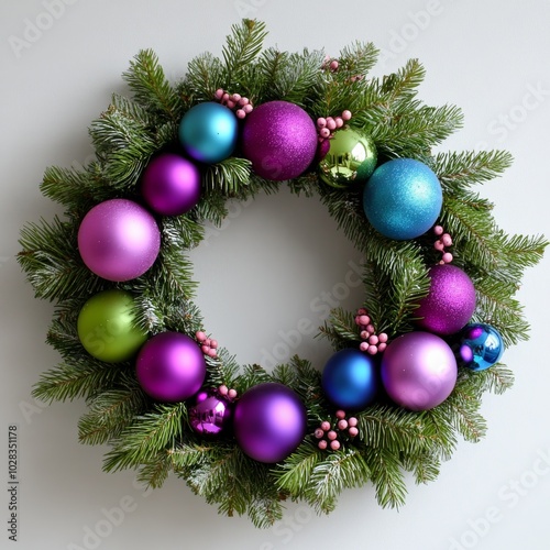 A vibrant Christmas wreath is decorated with glossy pink, purple, blue, and green ornaments, representing a modern twist on holiday decor. photo