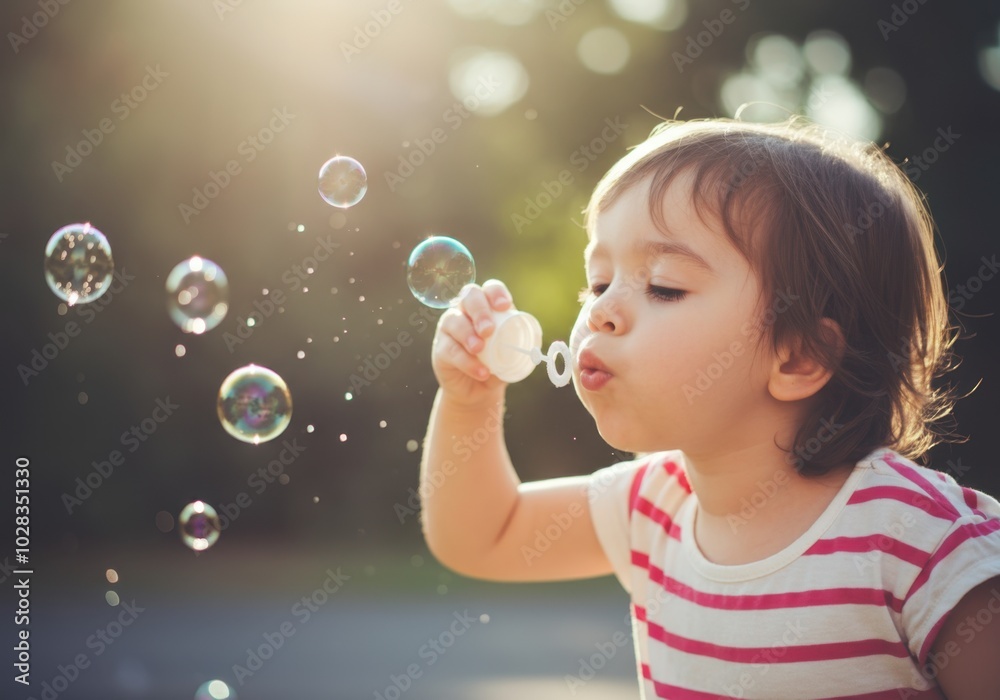Child blowing bubbles in sunlit garden: joyous moments of playful childhood fun Child blowing bubbles in sunlit garden: joyous moments of playful childhood fun