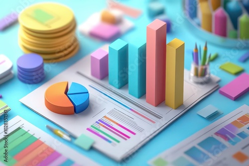 Financial analysis paperwork with bar graphs and pie charts, 3D illustration, flat design, top view, business finance theme, animation, colored pastel