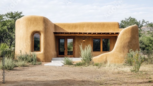 A traditional adobe house in the American Southwest, with smooth, rounded edges and earth-toned walls. The design reflects the natural materials and cultural heritage of the region