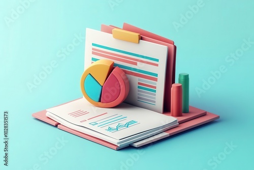 Financial report icon with documents and a pie chart, 3D illustration, flat design, top view, corporate finance theme, cartoon drawing, Complementary Color Scheme
