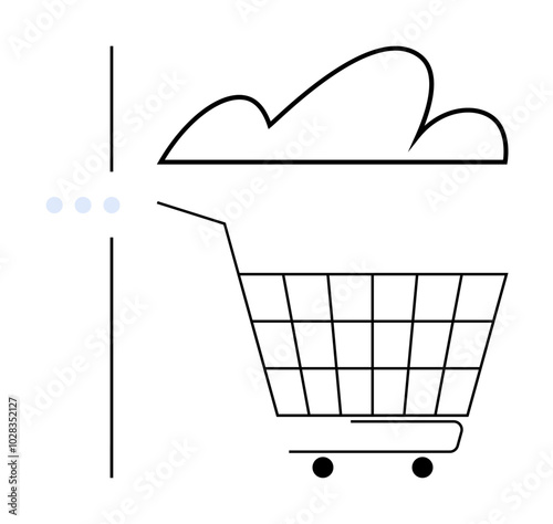 Shopping cart under a cloud against a minimalist backdrop. Ideal for e-commerce, cloud computing, online shopping, data storage, and retail technology themes. Simple lineart style