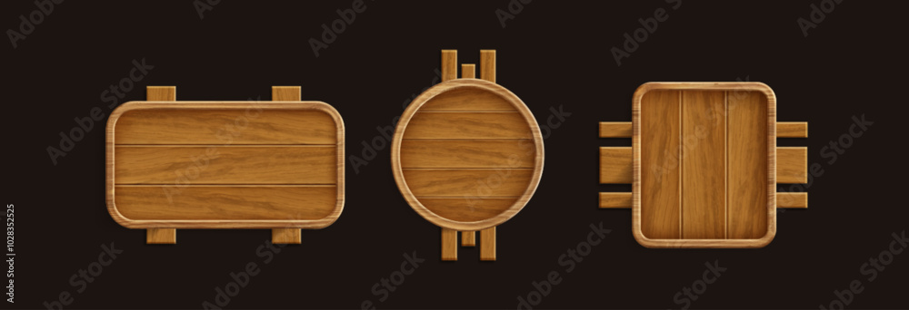 Naklejka premium Sign board with brown wood texture. Realistic 3d vector illustration set of wooden rectangle, circle and square frame. Rustic signboard plank for title and text box. Timber billboard plaque.