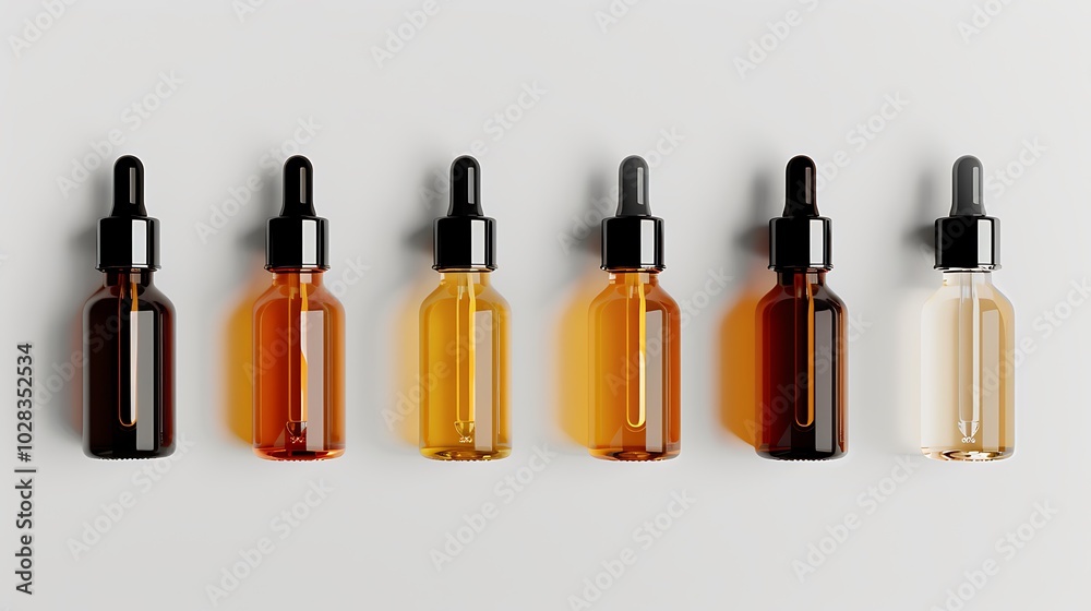 Six Dropper Bottles with Different Colored Liquids on a White Background. Six Dropper Bottles with Different Colored Liquids on a White Background.