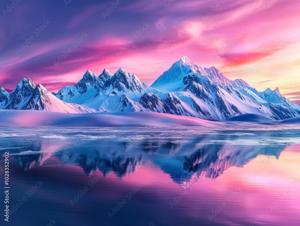 Majestic Snow-Capped Mountains at Sunset Reflection Majestic Snow-Capped Mountains at Sunset Reflection