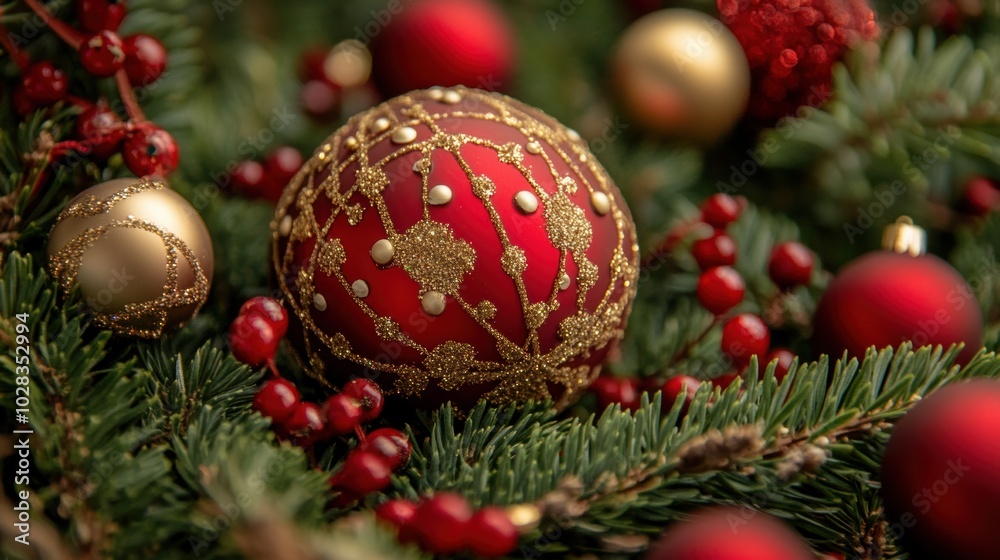 Beautifully decorated red and gold Christmas ornament on a vibrant green pine branch, with surrounding festive ornaments and a warm, inviting background. Beautifully decorated red and gold Christmas ornament on a vibrant green pine branch, with surrounding festive ornaments and a warm, inviting background.