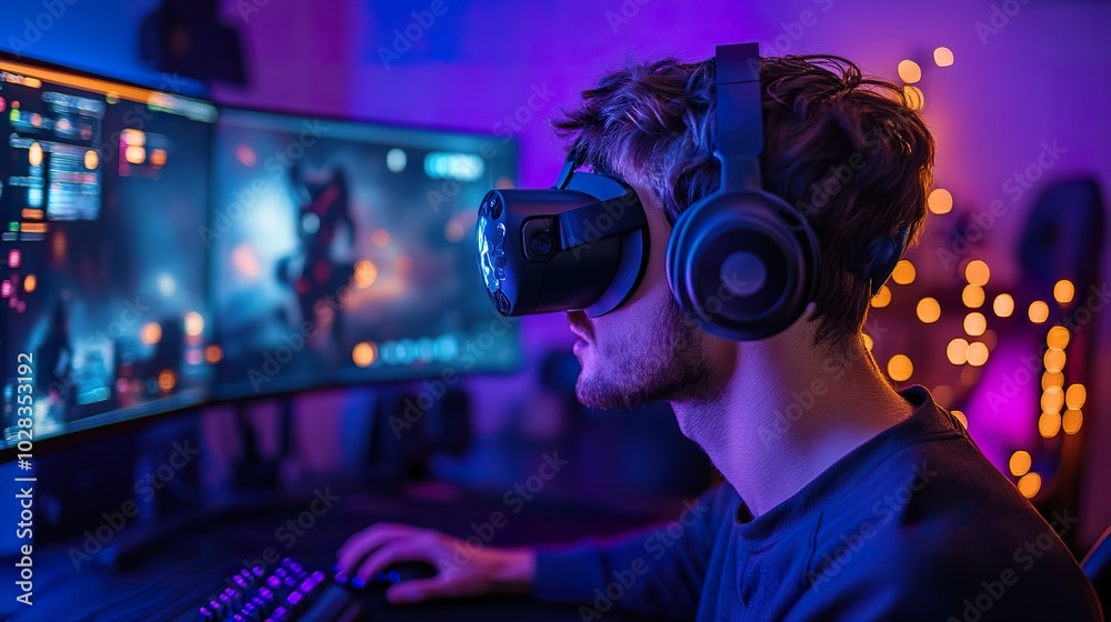 A gamer testing the latest innovations in gaming technology, including brain-computer interfaces and augmented reality