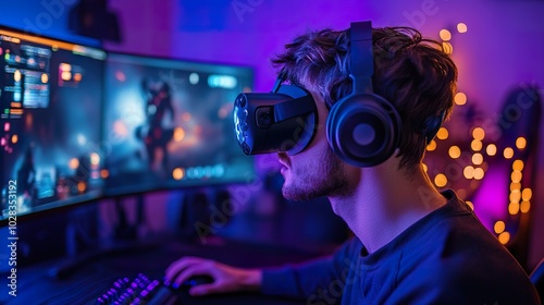 A gamer testing the latest innovations in gaming technology, including brain-computer interfaces and augmented reality