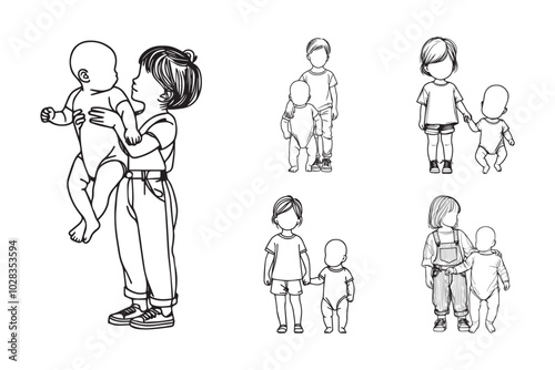 Line art illustration of a child sister babysitting a cute baby